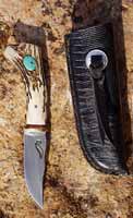54/ Patch knife style, Deer handle and cabochon of natural turquoise , non stabilized (mountain turquoise)