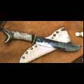 amazing old fashionned camp knife;reindeer handle with leather strips, covered  with rawhide. Rawhide sheath with brass nails.