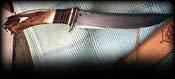 Scagel camp knife, 70% repro, Sterling silver guard, arrowhead, leather and rein deer stag