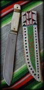 Long green river knife, american buffalo (bison) bone, with full beaded 