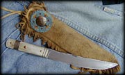 Long knife, rein deer antler, with beaded sheath and nickel silverconcho. (11/0 beads)