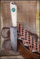 47/ Patch knife, cow bone handle with a nice natural mountain turquoise. beaded necklace sheath ( bead size 11/0)