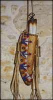 Old West patch knife. Deer stag, Nickel damascus bolster, old XIXe key as pommel. rawhide beaded sheath lined, with brass beeds, nails. blade 7.2 cm, o/a 17cm .